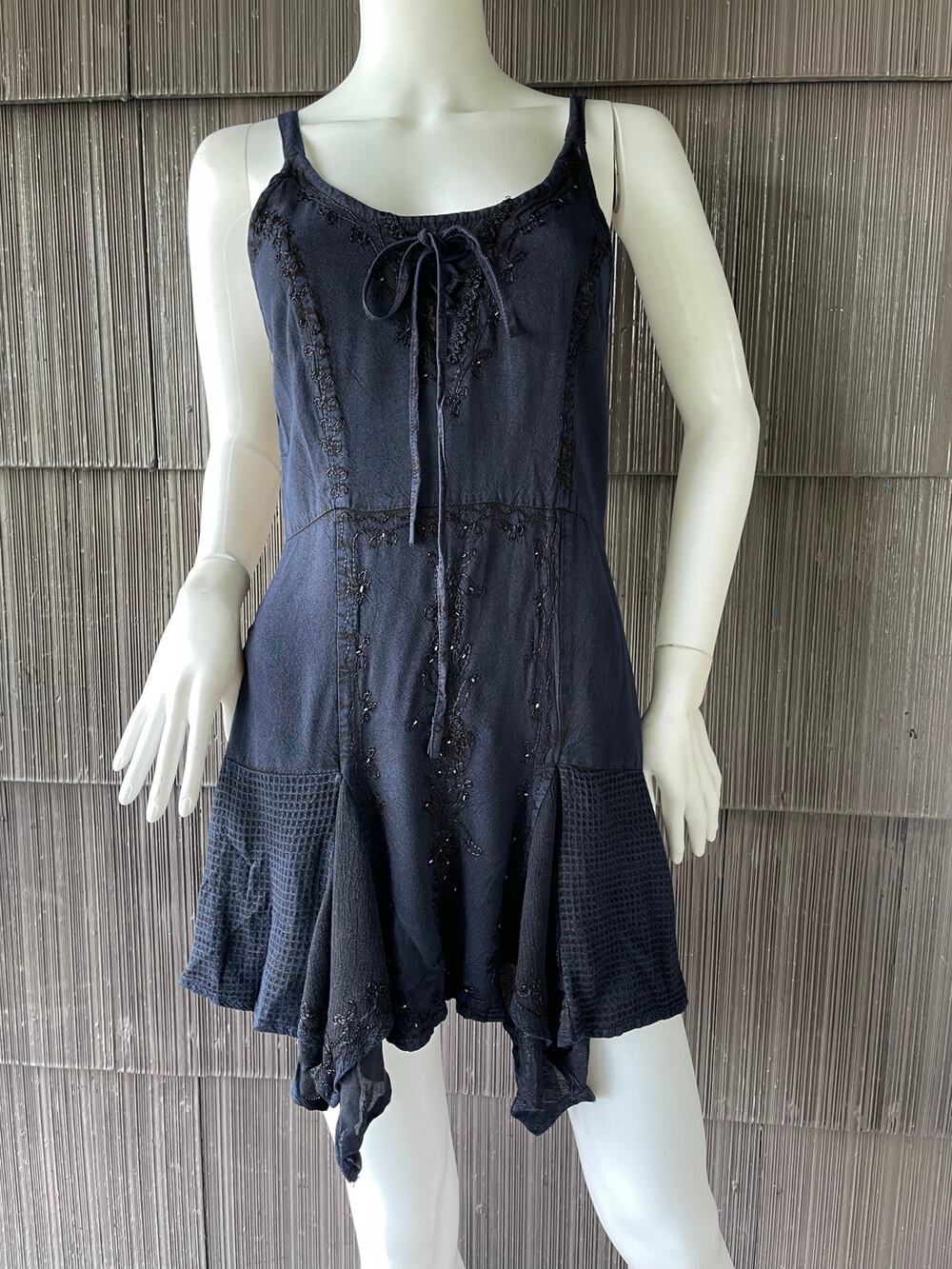 🔥Vintage Y2K Navy Lace Up Handkerchief Mini Dress Cottage Boho Fairy Whimsigoth